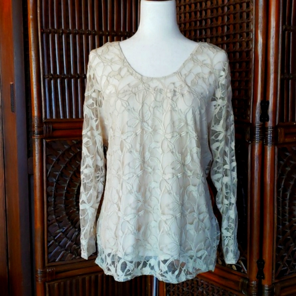 G WHEELS Lined Stretch Lace Beige/Nude Top LS 3X VTG